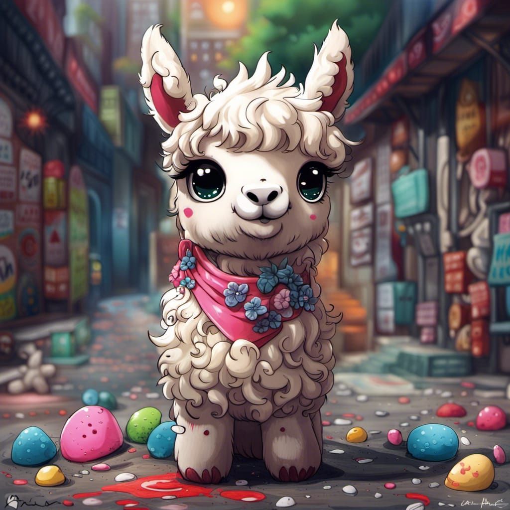 Hyperrealistic Chibi Llama in Street Art Style
