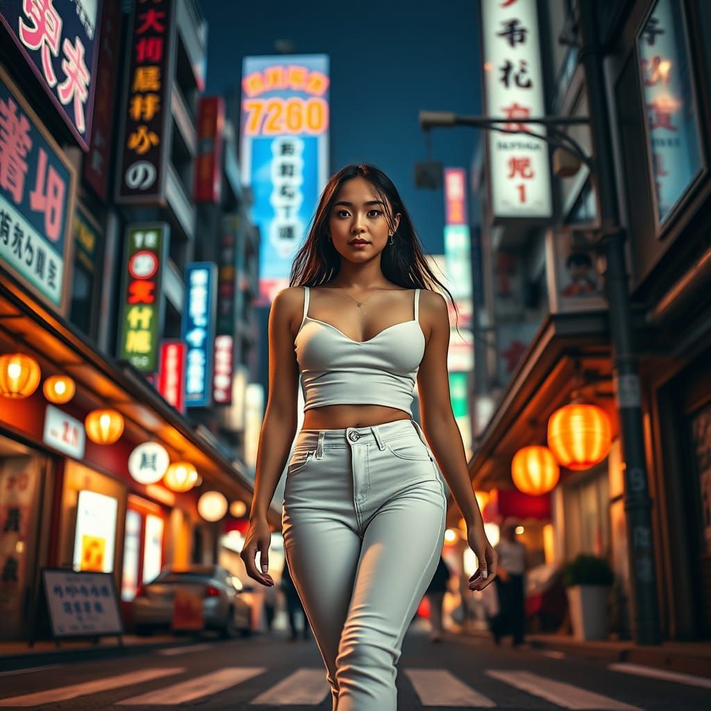 Tokyo Street Scene: Modern Woman in Neon Glow