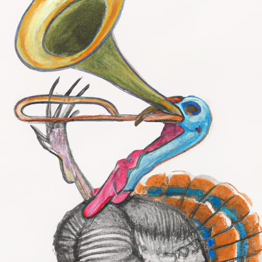 Anthropomorphic Turkey Plays Horn in Colored Pencil