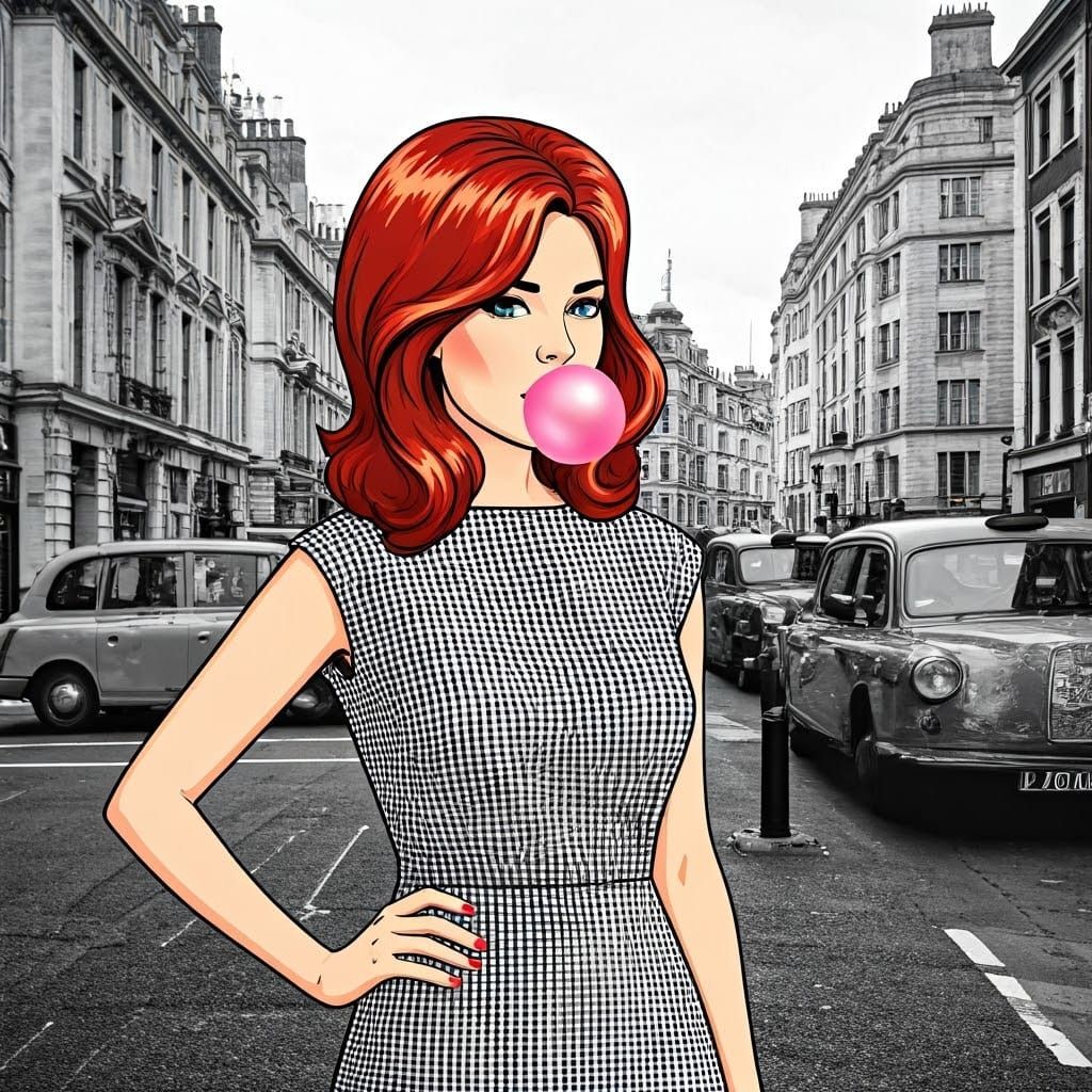 Stylish 1960s Pop Art Woman Blows Pink Bubblegum in London C...