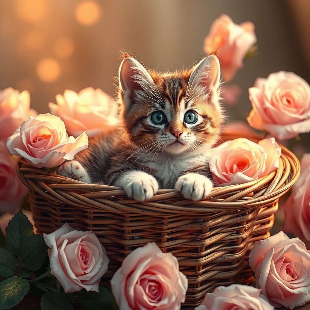 Cute Cat with Roses in Art Nouveau Style