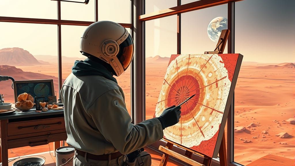 Artist Painting Mars Landscape in Studio with Earth View