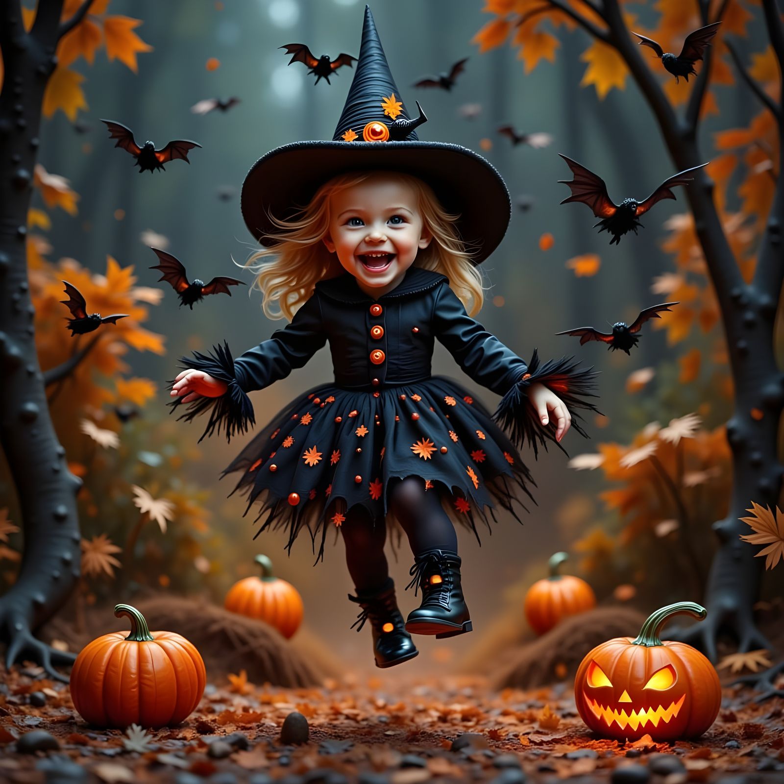 Whimsical Child in Halloween Costume Jumping Gleefully