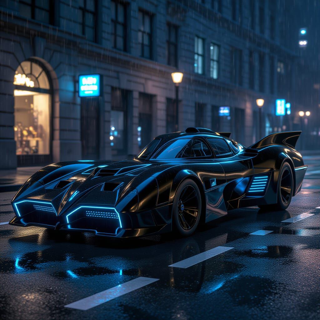 Sleek Black Batmobile with Cybernetic Blue Accents