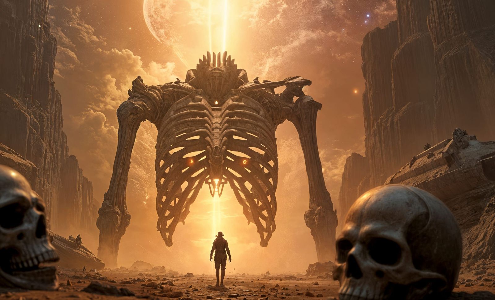 Fallen Titan Skeleton on Ancient Desert Planet