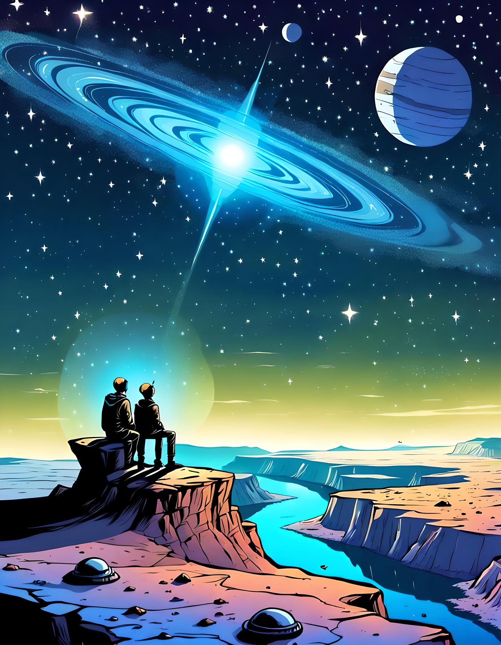 Alien and Human Stargazing on Distant Planet in Comic Style