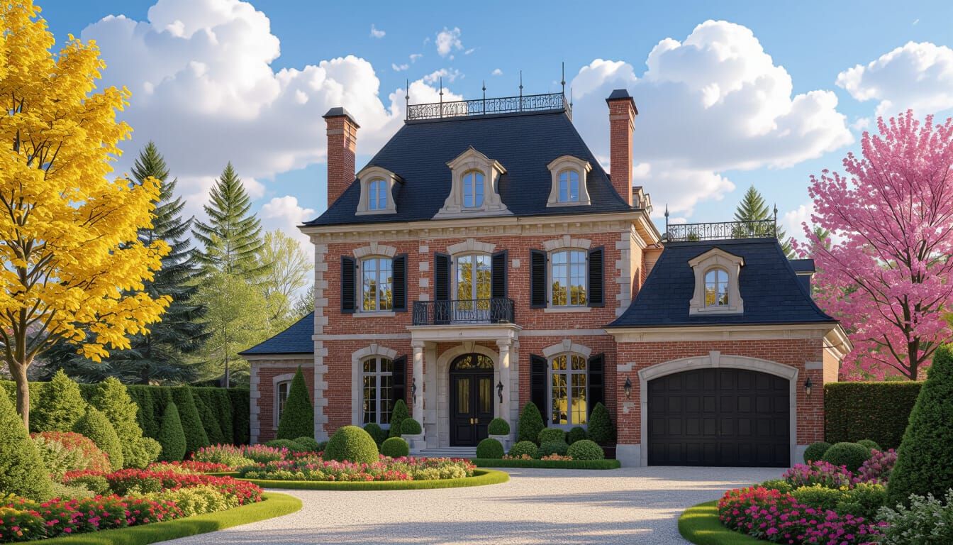 Grand Chateau with Vibrant Garden Under Blue Sky