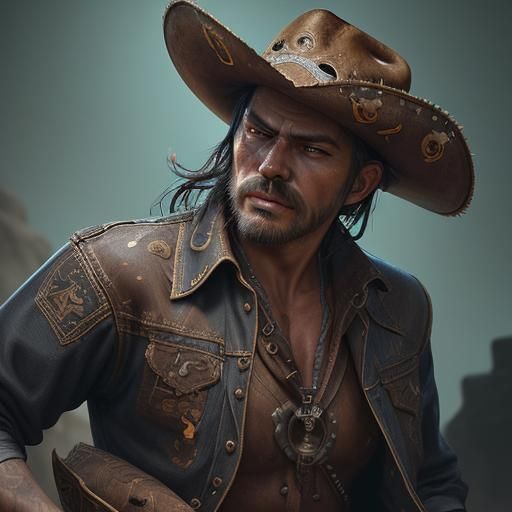 Hyperrealistic Cowboy Outlaw Portrait in Splash Art Style
