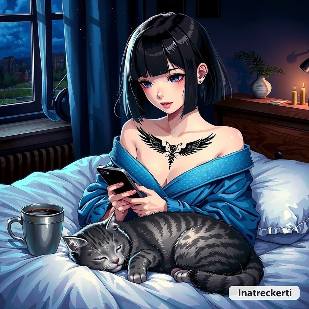 Cozy Anime Girl in a Warm, Golden Nighttime Scene