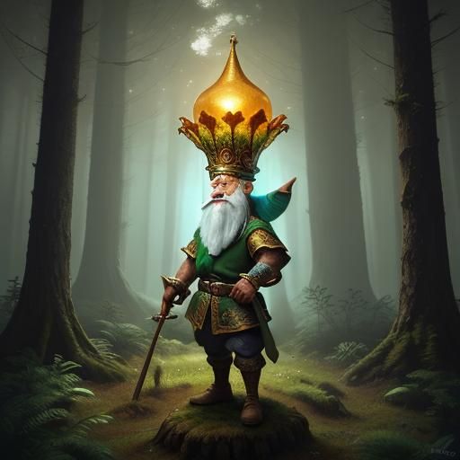 Gnome Gazing at Glowing Mushroom in Forest