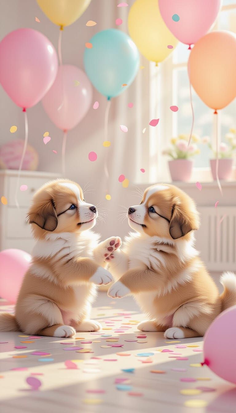 Fluffy Puppies Play in a Whimsical Pastel Room