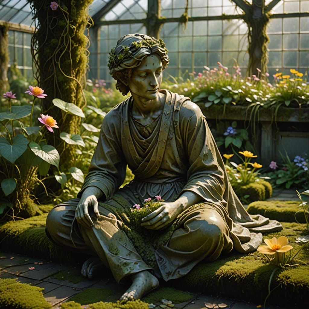 Weathered Statue in Overgrown Greenhouse: Painterly Realism