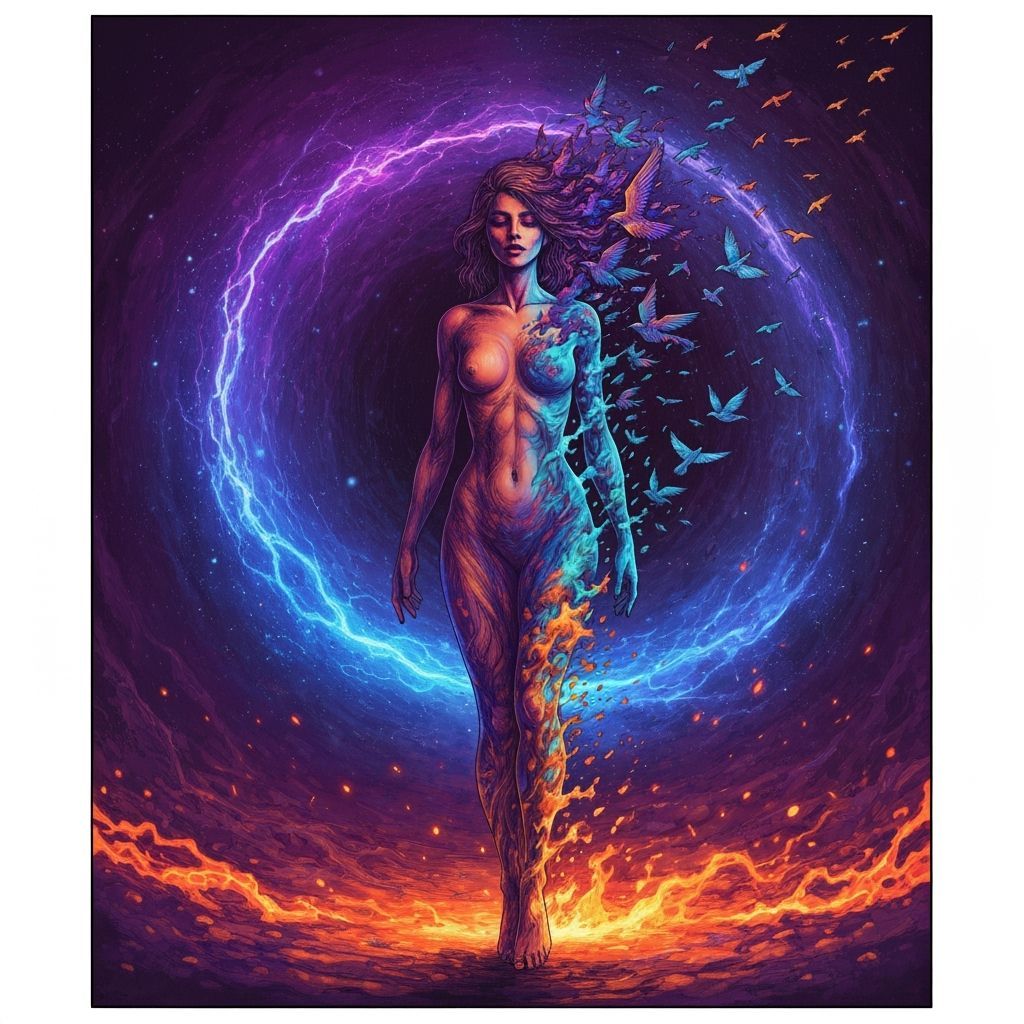 Woman Transforms into Birds Amidst Cosmic Energy