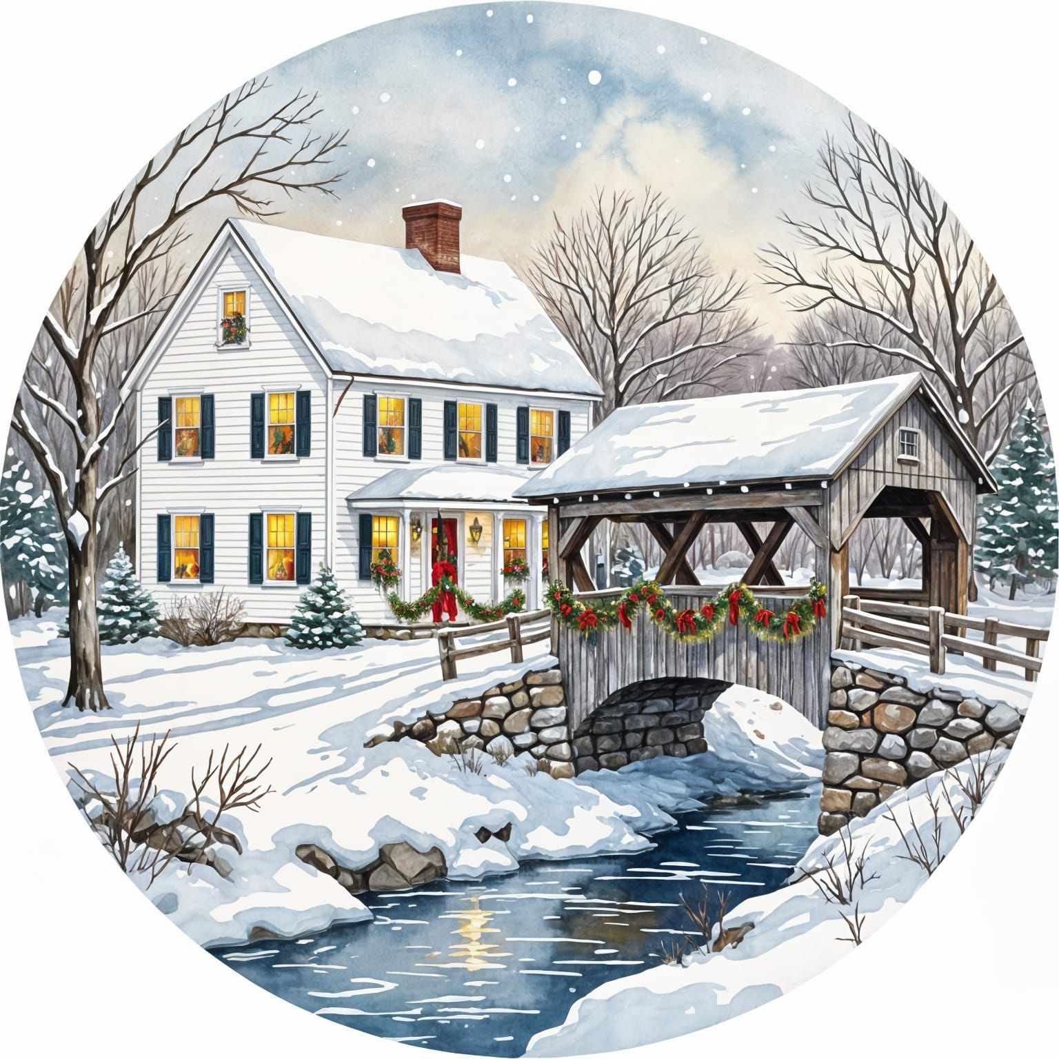 New England Christmas Ornament with Snowy Landscape