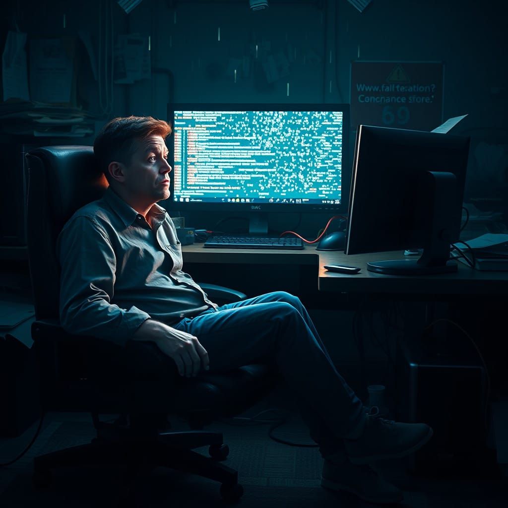 Frantic IT Programmer Overwhelmed by Digital Chaos