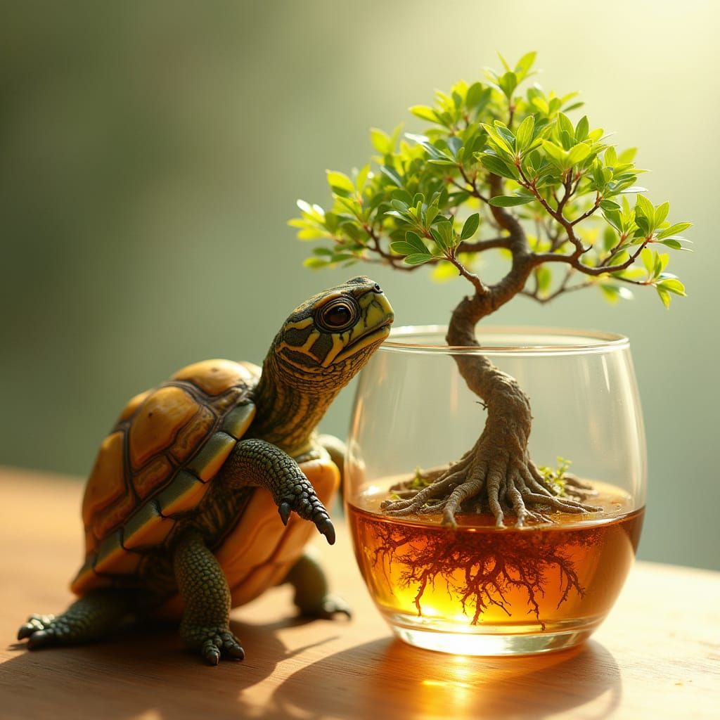 Whimsical Turtle Sips Whisky Amidst Miniature Bonsai Garden