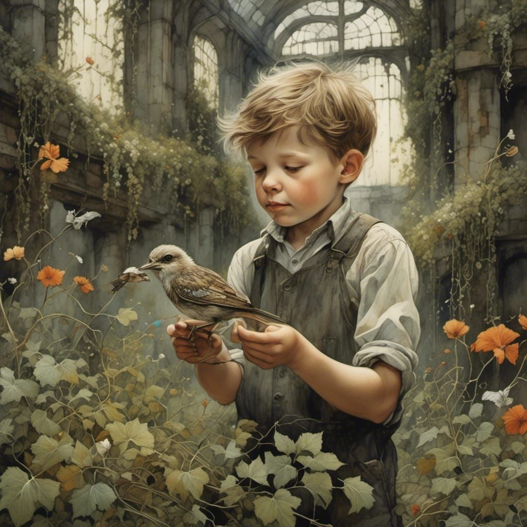 Boy Finds Bird in Ruined Factory, Illustrative Style