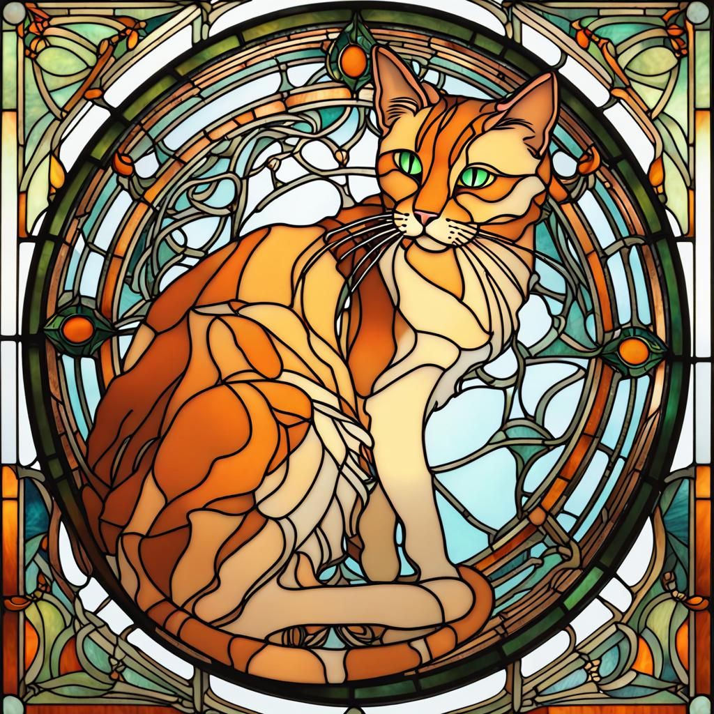 Art Nouveau Orange Cat Stained Glass