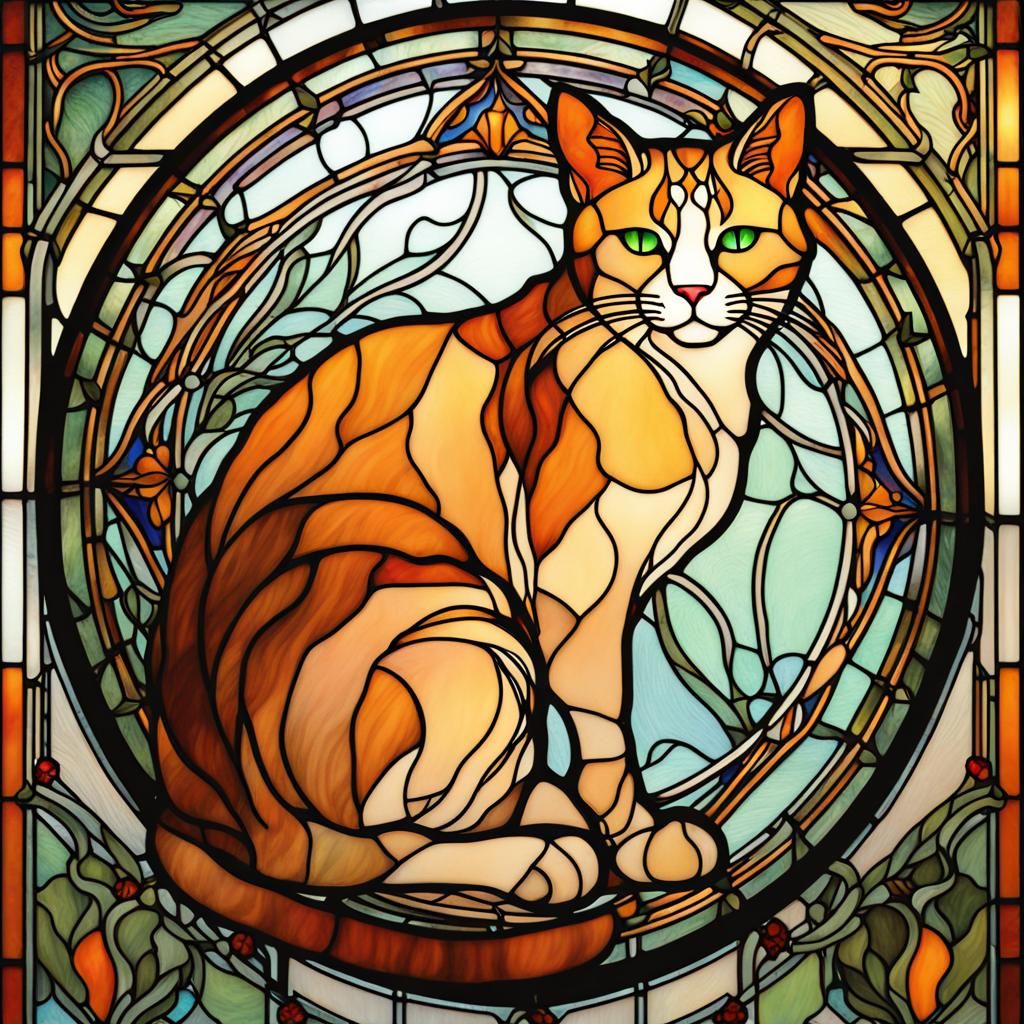 Art Nouveau Orange Cat Stained Glass