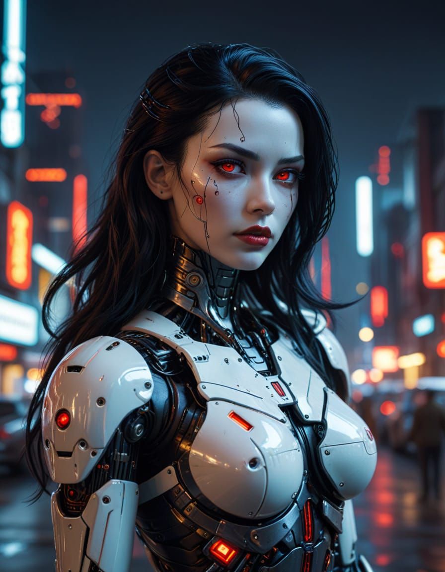 Cyberpunk Android Pinup with Neon Cityscape