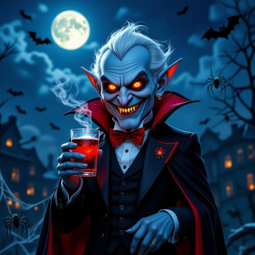 Adorable Creepy Vampire with Glowing Eyes in Tiny Suit