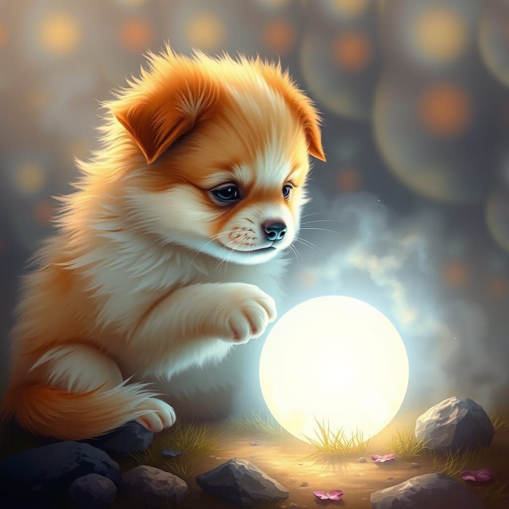 Ethereal Puppy Plays with Glowing Orb in Whimsical Fantasy S...