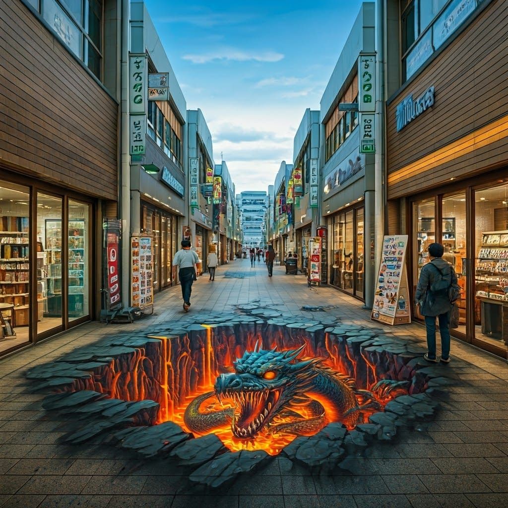 Giant Dragon Optical Illusion Street Art in Japan