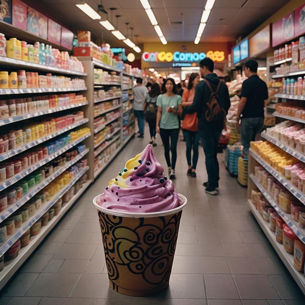 Cinematic Still of Frozen Yogurt in Crowded Aisle
