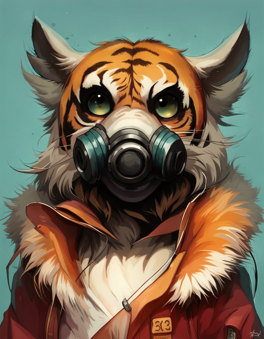 Anime Furry Tiger in Hoodie with Gas Mask