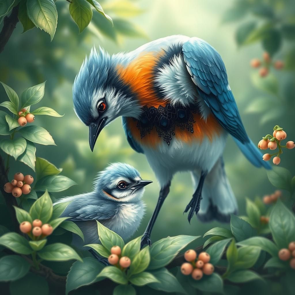 Majestic Blue Jay Nurturing Chick in Dreamlike Forest