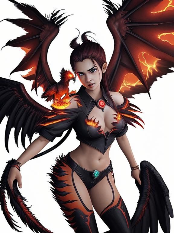 Fiery Female Demon with Flaming Vulture Pet