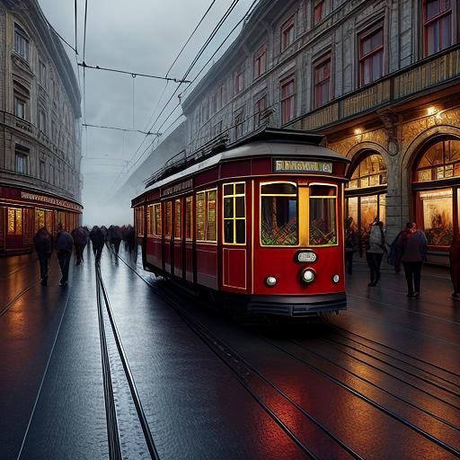 Red Viennese Tram in Epic Digital Painting