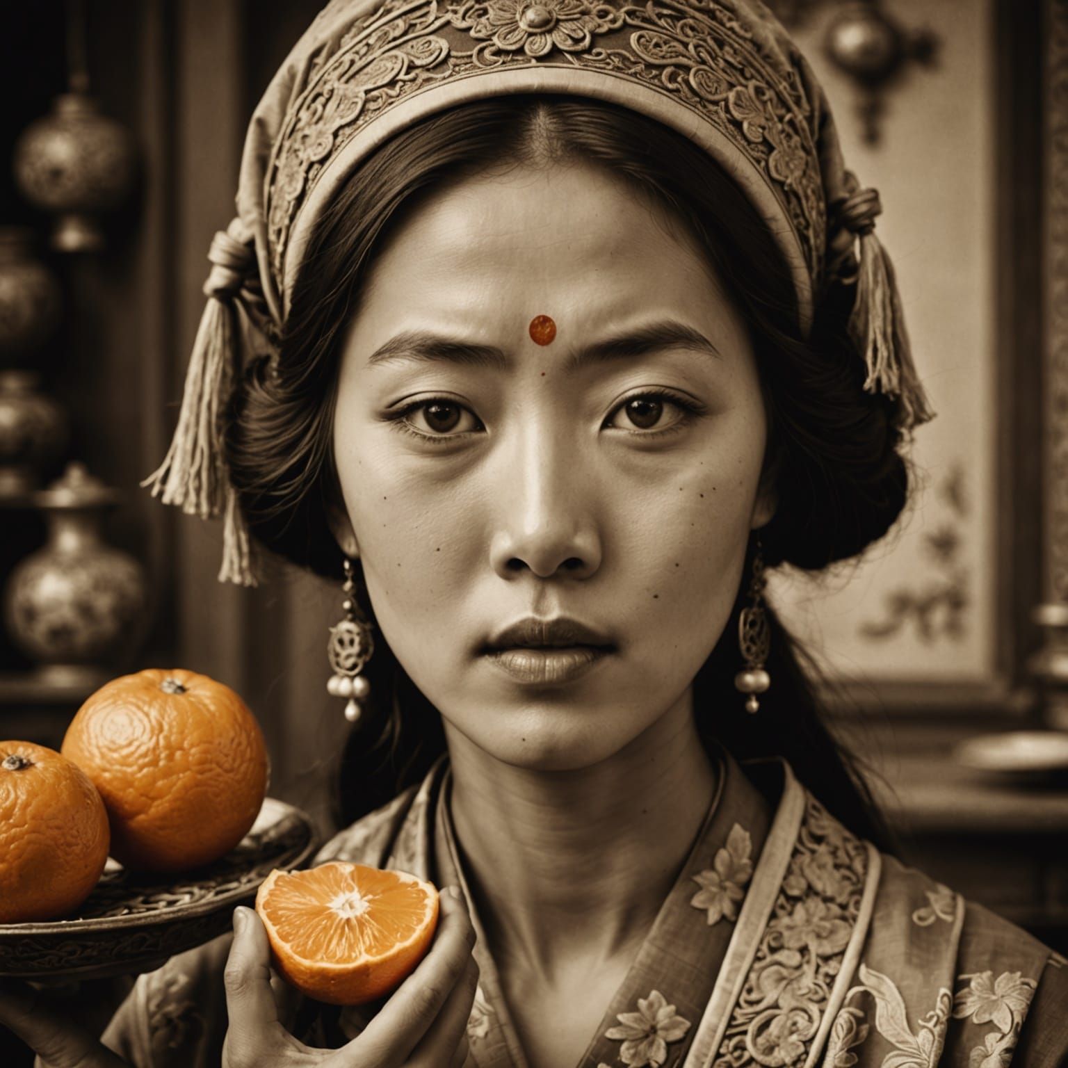 Vintage Sepia Portrait of Woman Holding Mandarin