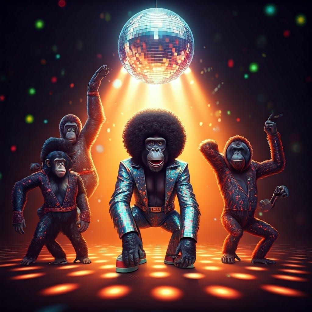 Apes Dancing at Disco in Retro-Futuristic Style