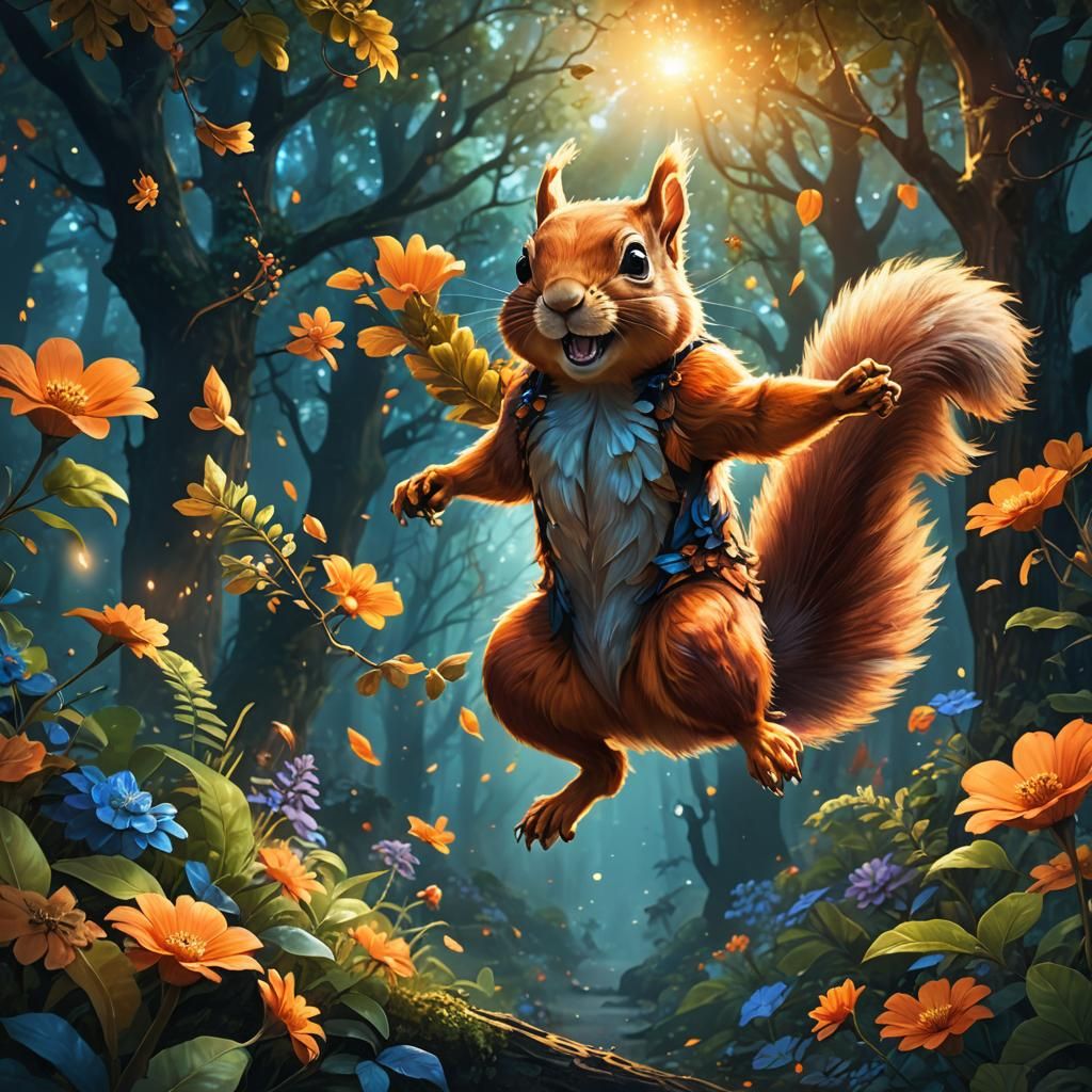 Squirrel Leaps Through Mystical Forest: Fantasy Concept Art