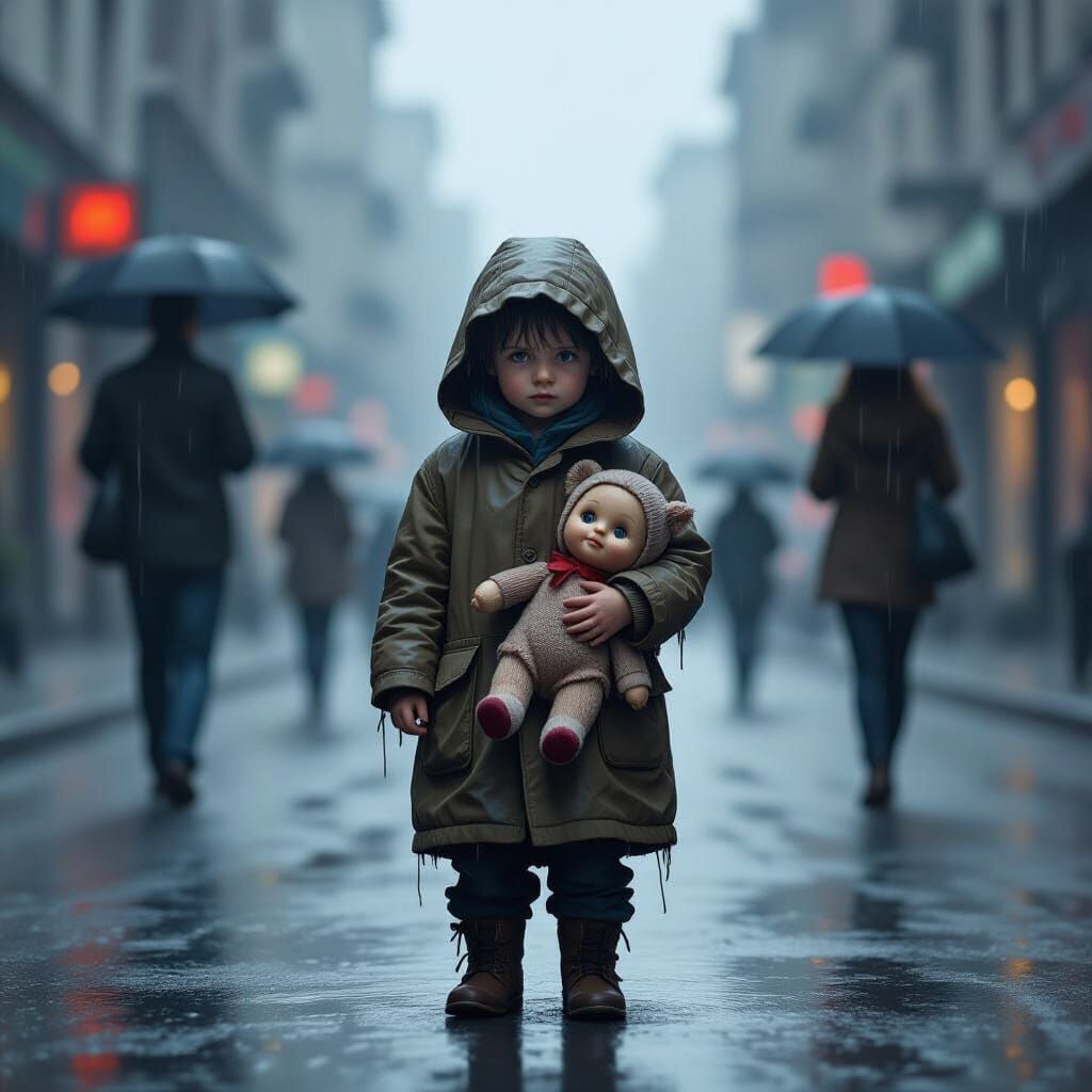 Heartbreaking Loneliness: Child in a Desolate Cityscape