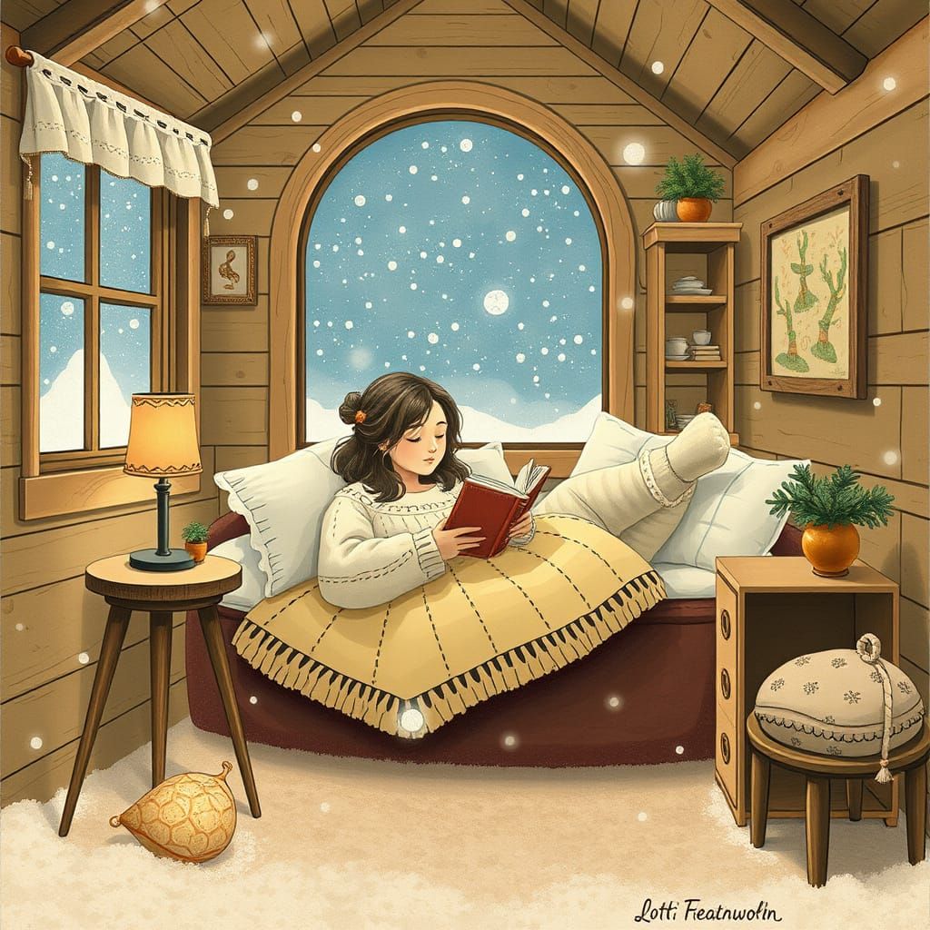 Cozy Woman in Tiny House Reads by Firelit Lamp