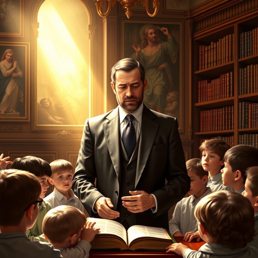 Torah Teacher in Elegant Attire Surrounded by Children in Lu...