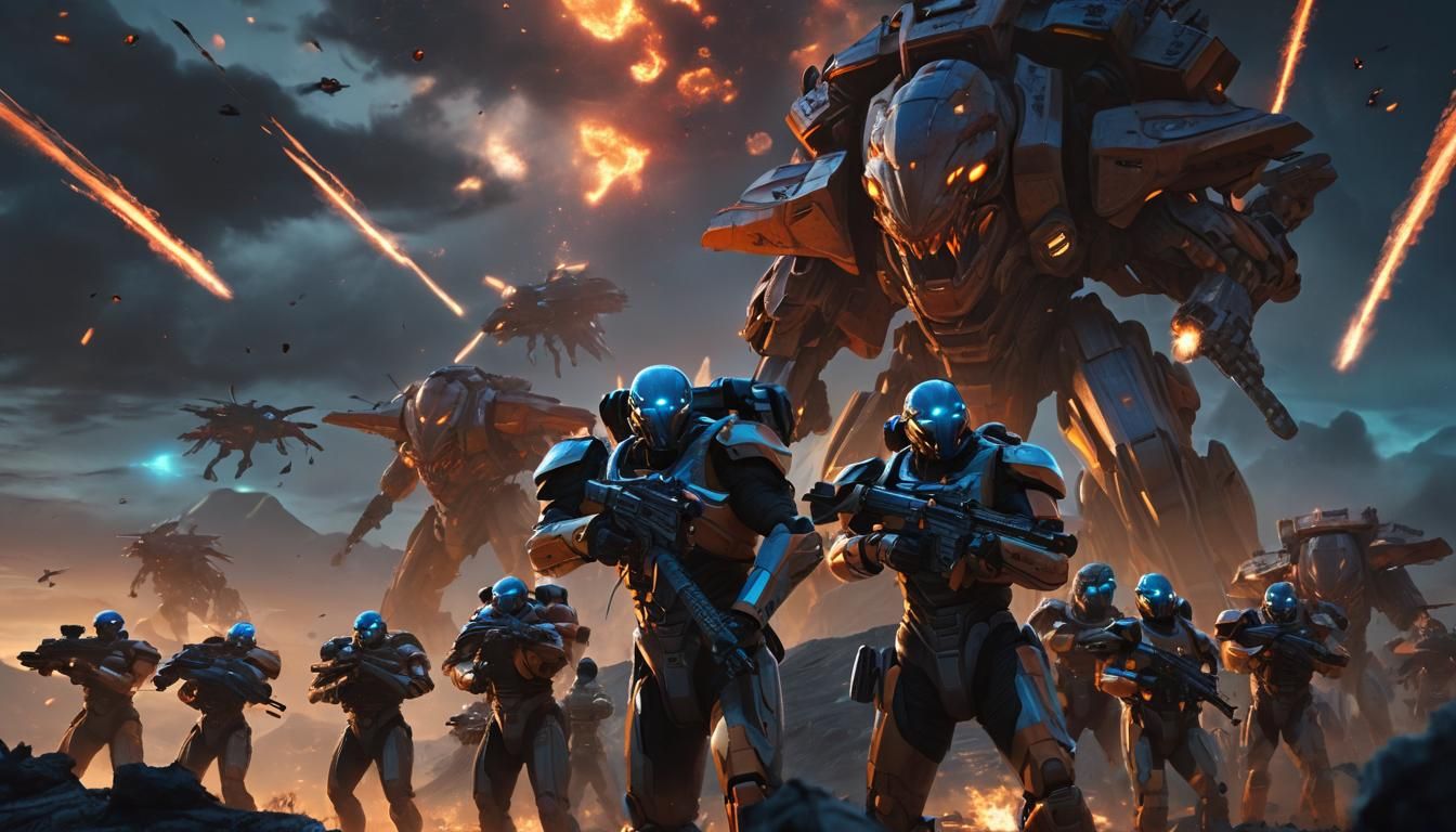 Victorious Soldiers on a Futuristic Battlefield at Dusk
