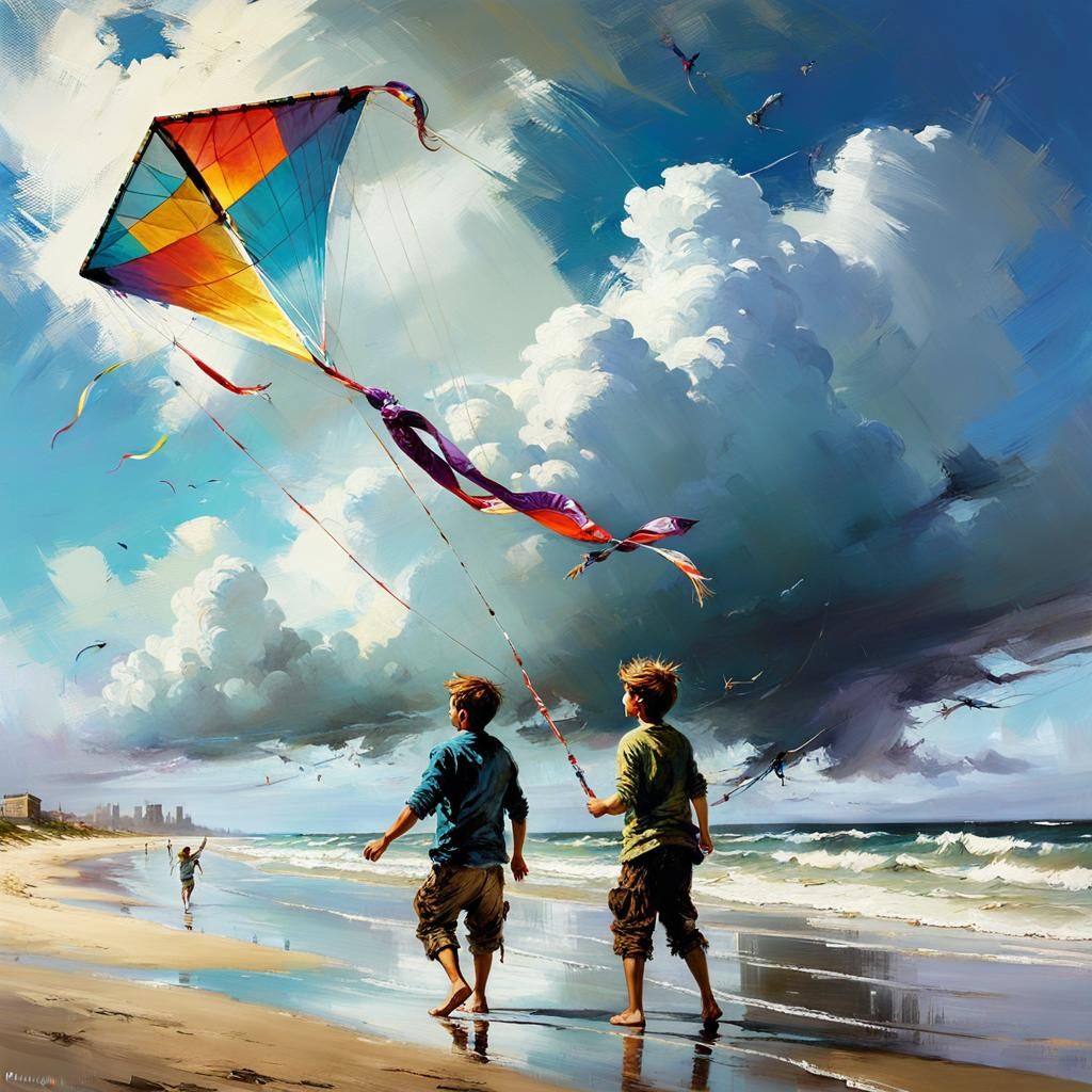 Boys Flying Kite on Beach in Fine Art Style