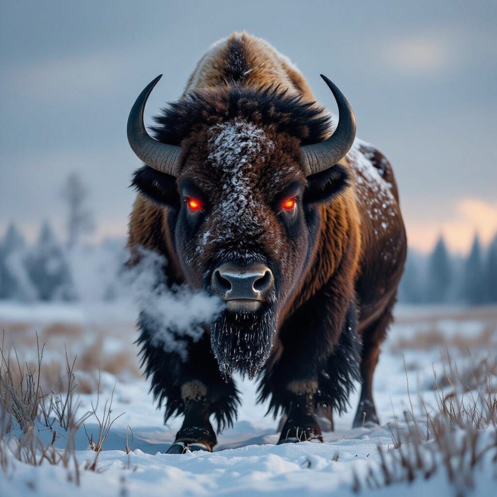 Muscular Bison in Snowy Field, Dramatic Lighting