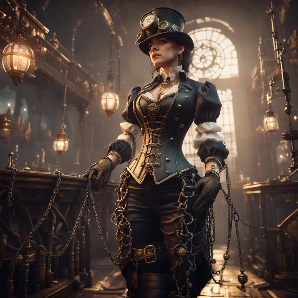 Steampunk Woman in Corset and Chains: 3D Render