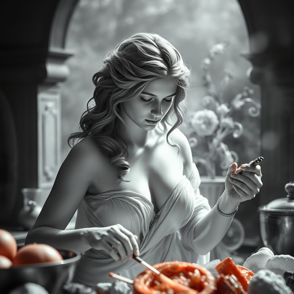 Aphrodite Cooking: Monochrome Watercolor Art