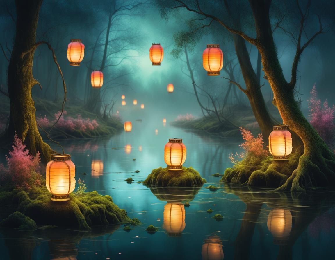 Bioluminescent River with Floating Lanterns in Watercolor