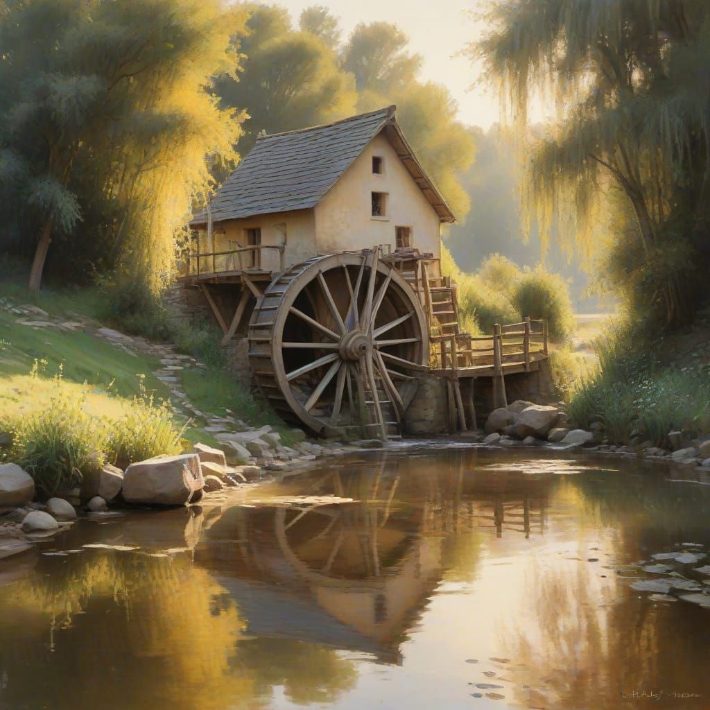Ancient Waterwheel in Warm Golden Light