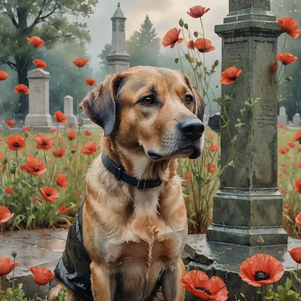 Dog at War Memorial: Surreal Watercolor Portrait