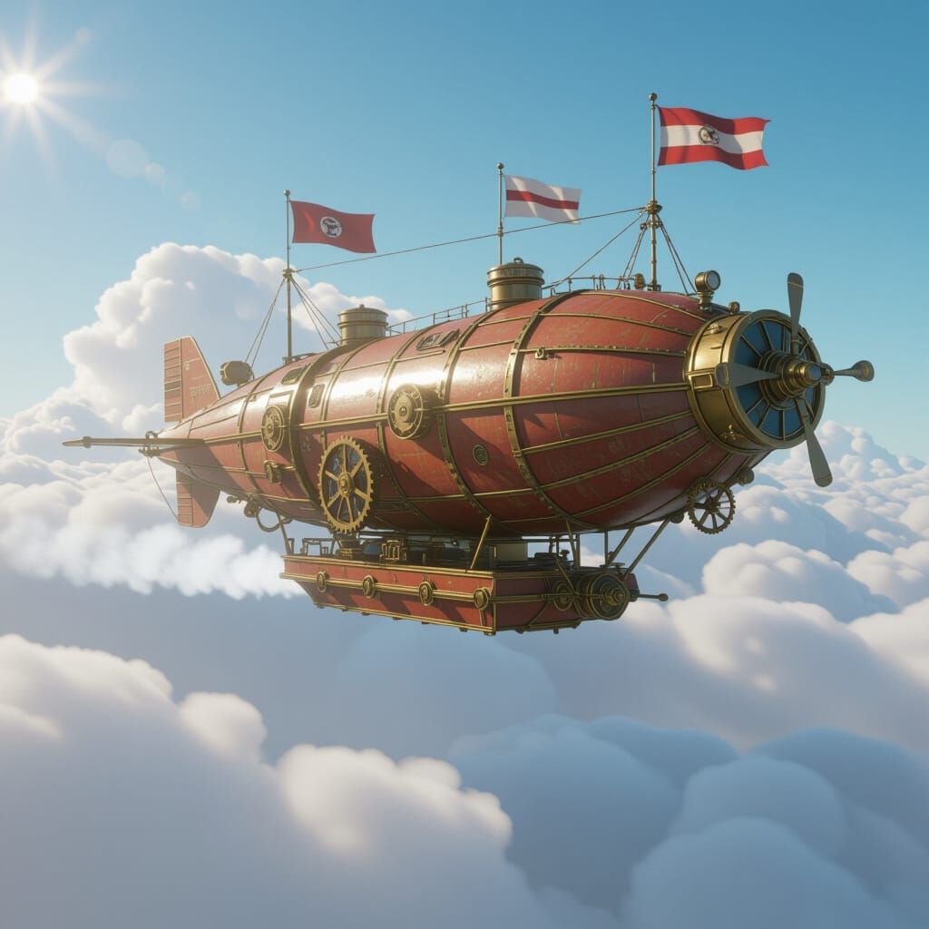 Steampunk Airship Soaring Through Clouds
