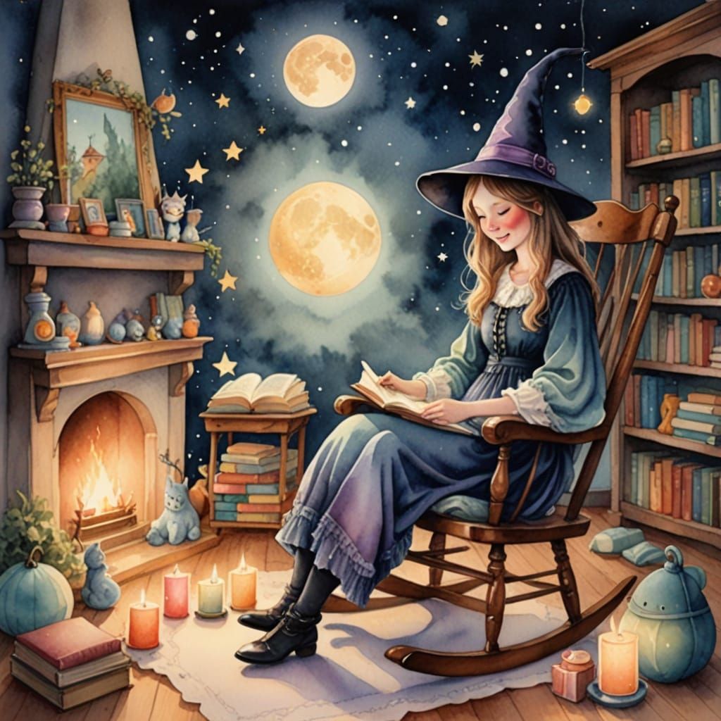 Enchanting Witch in Cozy Nursery, Watercolor Style