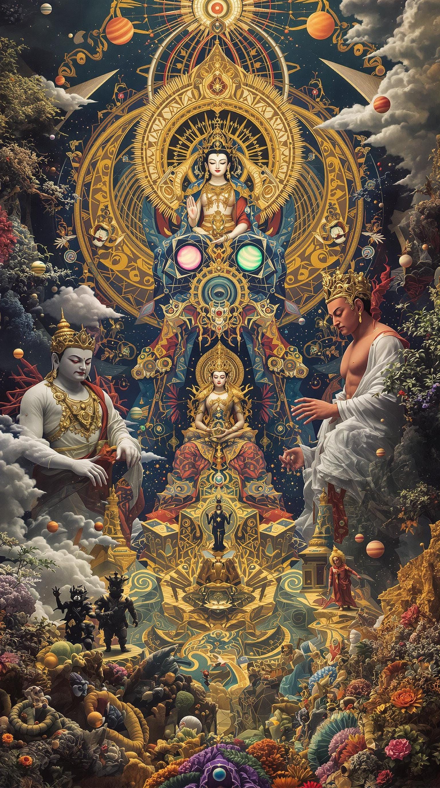 Surreal Buddhist Deities in a Psychedelic Fractal Landscape