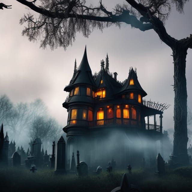 Haunted Raven and Victorian House in Nightmare Style